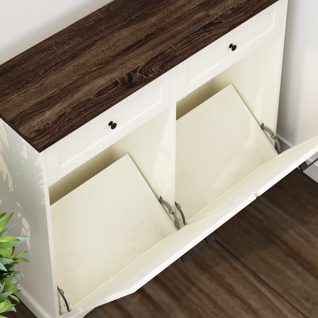20 Gallon Tilt Out Trash Cabinet Freestanding Trash Bin Cabinet Wood Garbage Recycling Cabinet with Drawer Pet Proof Trash Can Holder for Kitchen Living Room, Antique White (Not include trash can) - Grand Goldman Shop