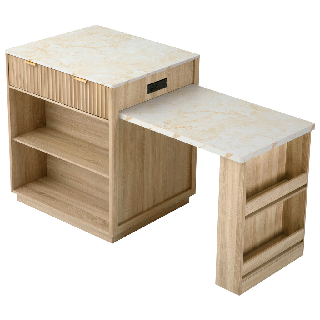 K&K 82.6' Fluted Kitchen Island with Extendable Dining Table for 4-6, Island Table for Kitchen with Power Outlet, Kitchen Table with Double-Side Storage, 2 Drawers 2 Side Open Shelves, Natural - Grand Goldman Shop