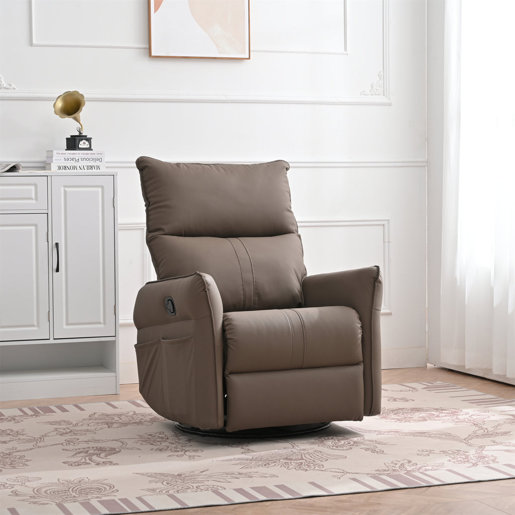 PU Rocking Recliner Chair, 360° Swivel Nursery Rocking Chair, Glider Chair, Modern Small Rocking Swivel Recliner Chair, Home Theater Seating, Side Pocket (Brown+360° Swivel) - Grand Goldman Shop