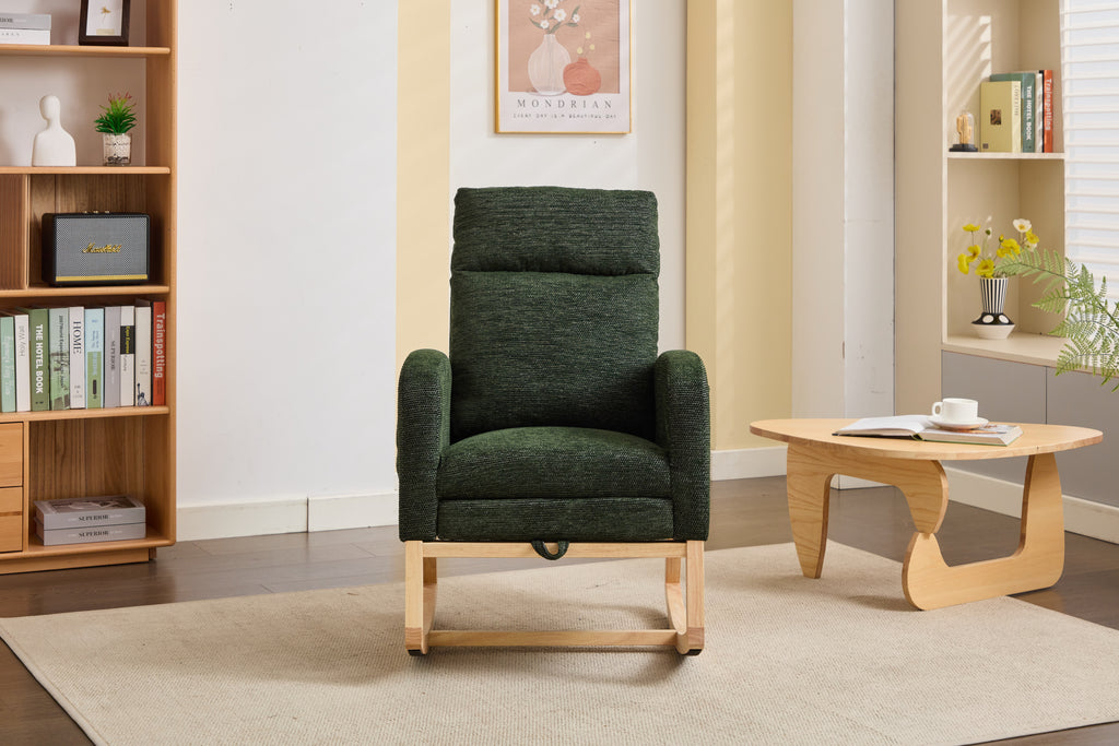 Modern Accent Rocking Chair Rocking Chair with Solid Wood Legs, Upholstered Nursery Glider Rocker, Comfy Armchair with Side Pocket, Living Room Lounge Arm Chair with High Backrest fabric - Grand Goldman Shop