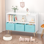 Kids bookcase with Collapsible Fabric Drawers, Children's Book Display, Toy Storage Cabinet Organizer, White/Blue | Premium H