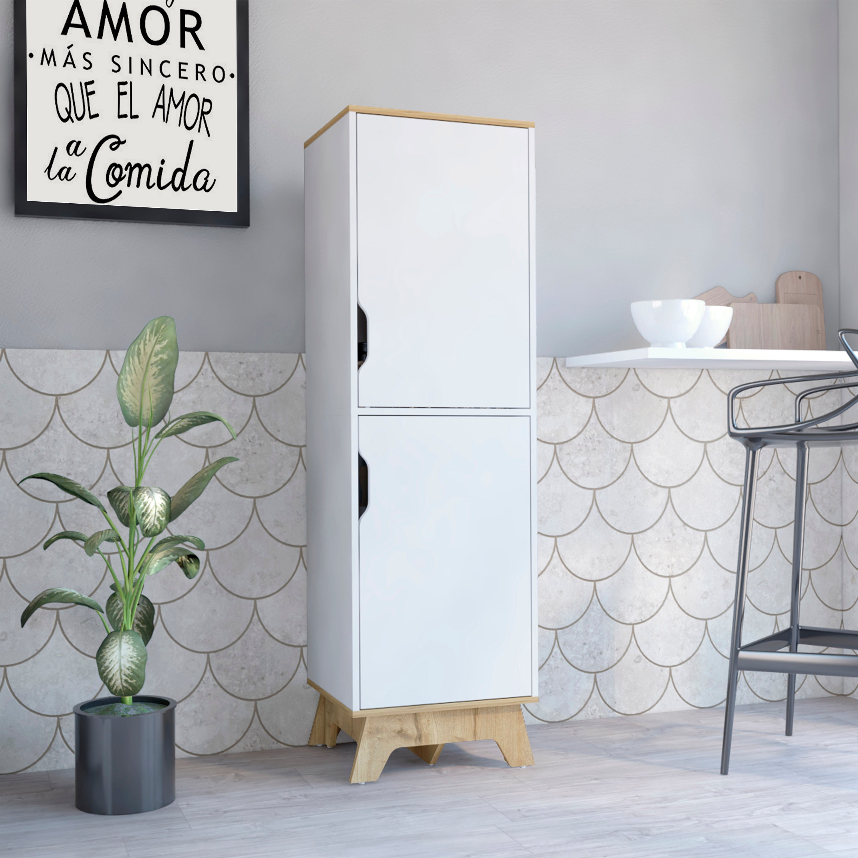 Pamplona Microwave Tall Cabinet Counter Surface, Top And Lower Double Doors Cabinets -Light Oak / White - Grand Goldman