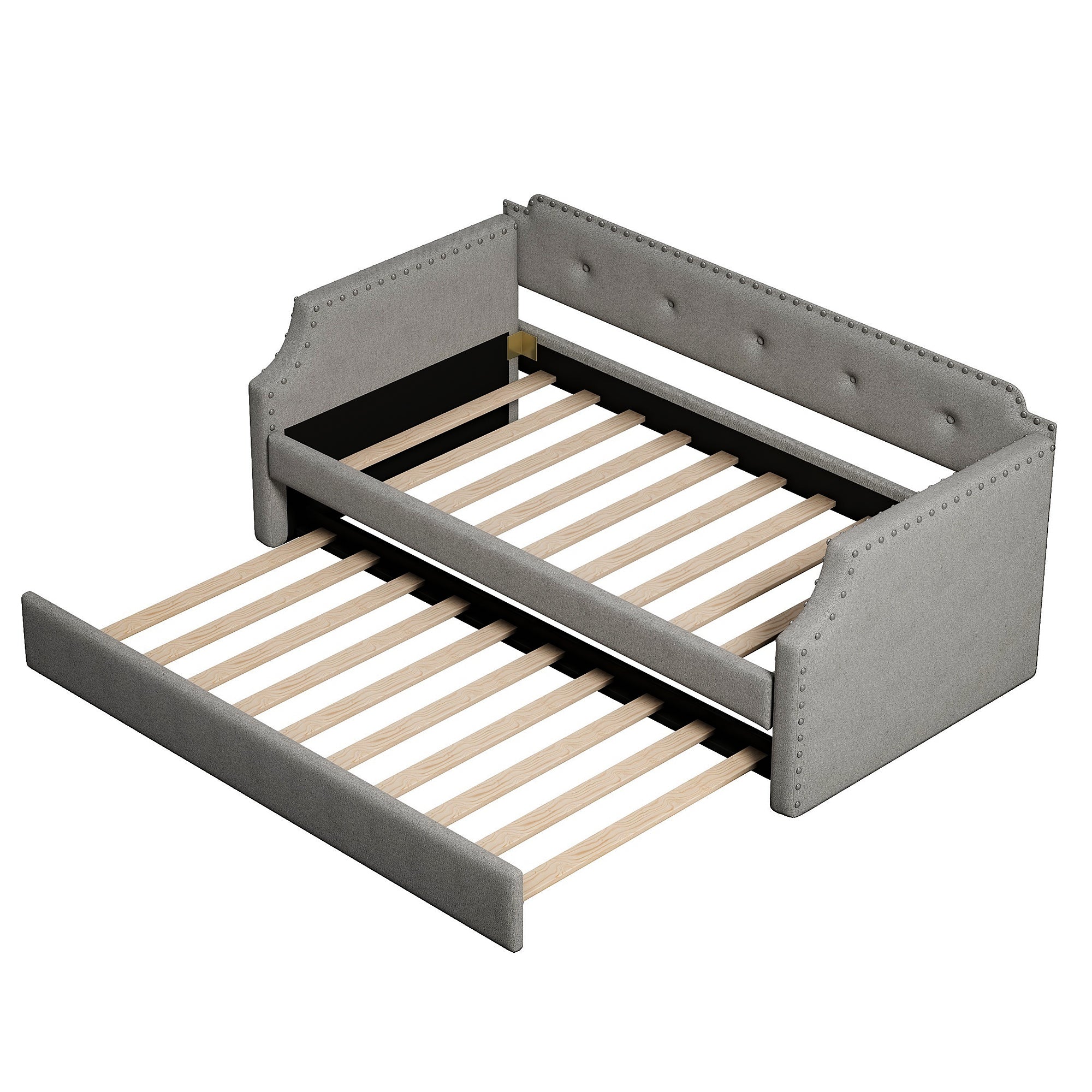 Gray Upholstered Daybed with Trundle, Twin, Wood Slat Support, Linen Fabric Frame Sofa Bed - Grand Goldman Shop
