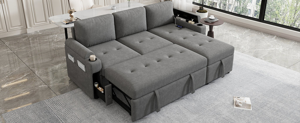 Modern L-shaped Convertible Sofa Bed with Storage, Cup Holders, USB Ports, Gray Chenille, 83.5' - Grand Goldman Shop