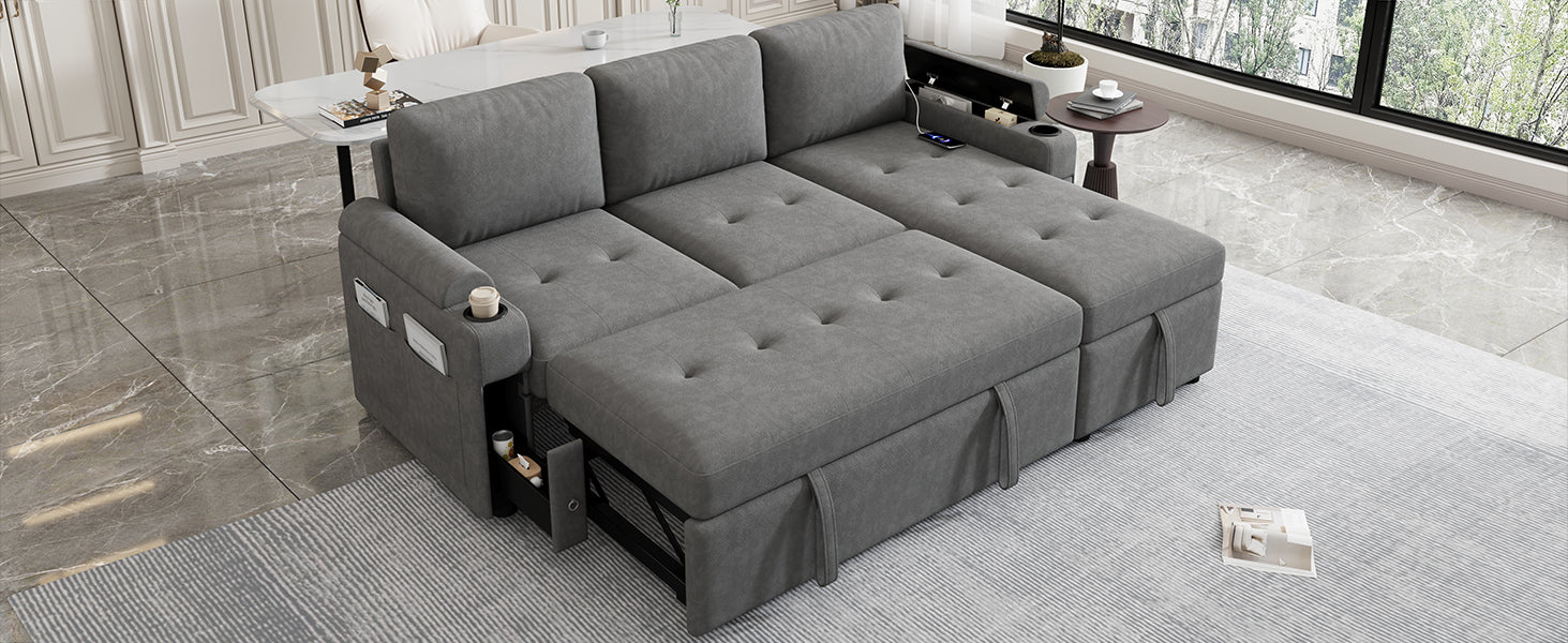 Modern L-shaped Convertible Sofa Bed with Storage, Cup Holders, USB Ports, Gray Chenille, 83.5' - Grand Goldman Shop