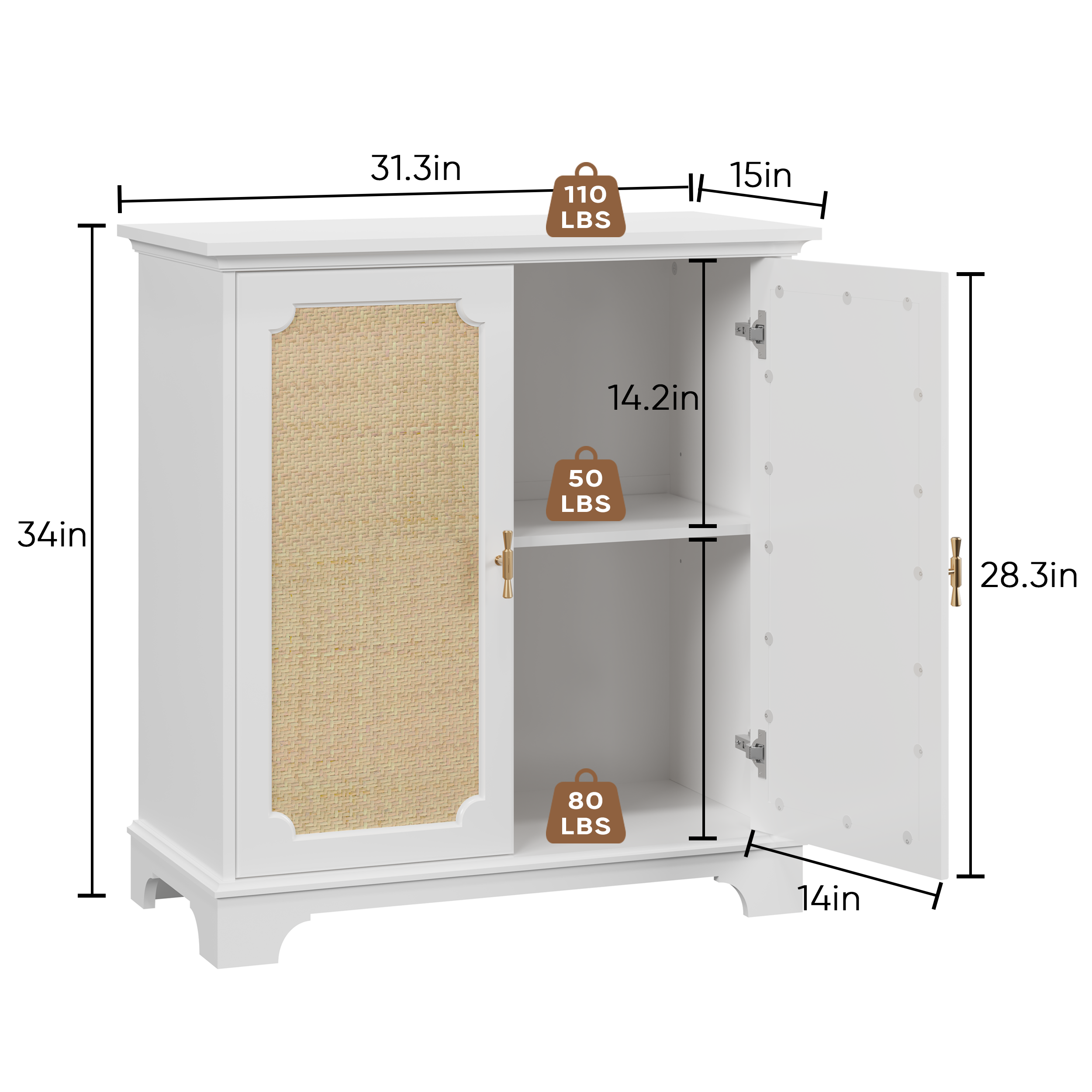 Rattan Decorated Sideboard Buffet Storage Liquor Cabinet, White Particle Board & MDF, 31.10 x 14.96 x 34.25 inches - Grand Goldman Shop