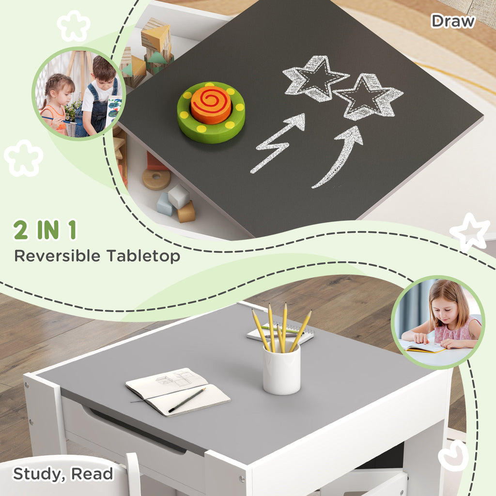 Qaba 3 Piece Kids Table and Chair Set, 2 in 1 Toddler Table and Chair Set with Reversible Tabletop Blackboard, Storage & Book