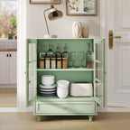 Minimalism Buffet Cabinet with Double Glass Doors and Drawer, Modern Wooden Storage Sideboard Cupboard, Mint Green, MDF and Solid Wood, 28''x15''x36.22'' - Grand Goldman Shop