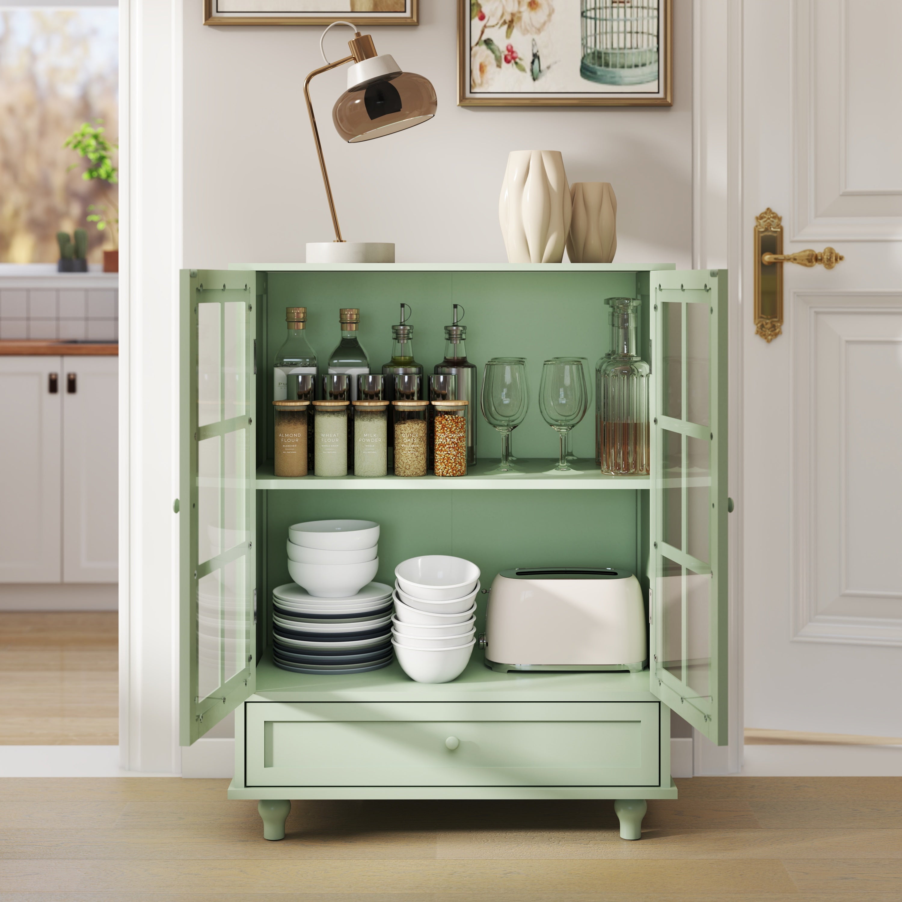 Minimalism Buffet Cabinet with Double Glass Doors and Drawer, Modern Wooden Storage Sideboard Cupboard, Mint Green, MDF and Solid Wood, 28''x15''x36.22'' - Grand Goldman Shop