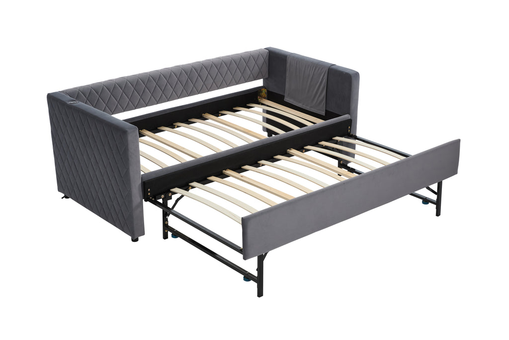 Grey velvet daybed, sturdy wooden bed frame, modern diamond grid pull-out design, perfect for bedroom, living room furniture - Grand Goldman Shop