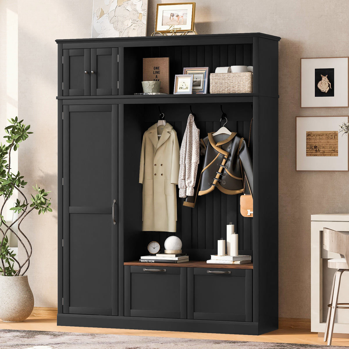 3-in-1 Hall Tree with Overhead Storage Cabinet, 3 Adjustable Side Shelves, 4 Heavy-Duty Hooks, 2 Spacious Drawers, Grooved Back Panel Design, Contrasting Seat Bench, Multifunctional Entryway Organizer - Grand Goldman Shop