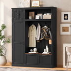 3-in-1 Hall Tree with Overhead Storage Cabinet, 3 Adjustable Side Shelves, 4 Heavy-Duty Hooks, 2 Spacious Drawers, Grooved Back Panel Design, Contrasting Seat Bench, Multifunctional Entryway Organizer - Grand Goldman Shop