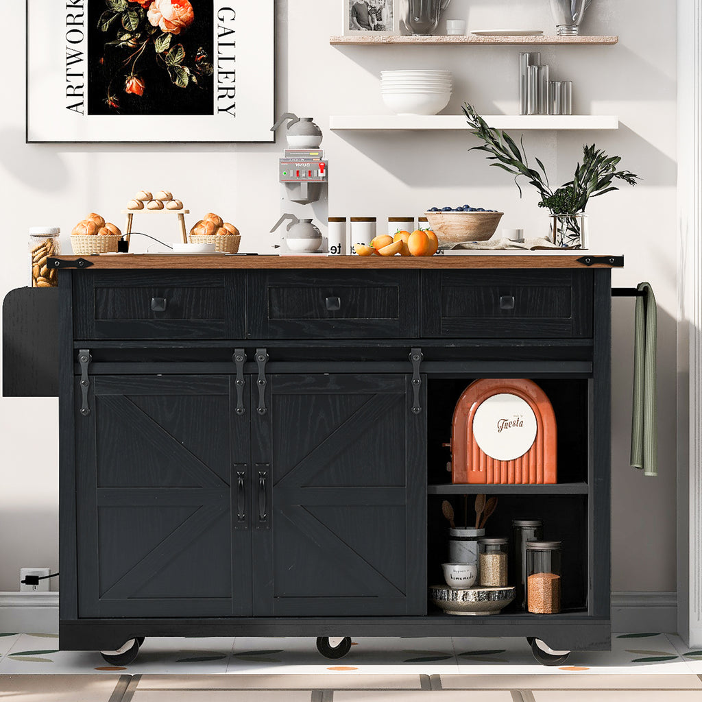 K&K 53.7' Farmhouse Kitchen Island with Power Outlet, 2 Sliding Barn Door Kitchen Storage Island with Drop Leaf, Spice Rack Rolling Kitchen Cart on Wheels, for Home, Kitchen and Dining Room, Black - Grand Goldman Shop