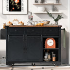 K&K 53.7' Farmhouse Kitchen Island with Power Outlet, 2 Sliding Barn Door Kitchen Storage Island with Drop Leaf, Spice Rack Rolling Kitchen Cart on Wheels, for Home, Kitchen and Dining Room, Black - Grand Goldman Shop