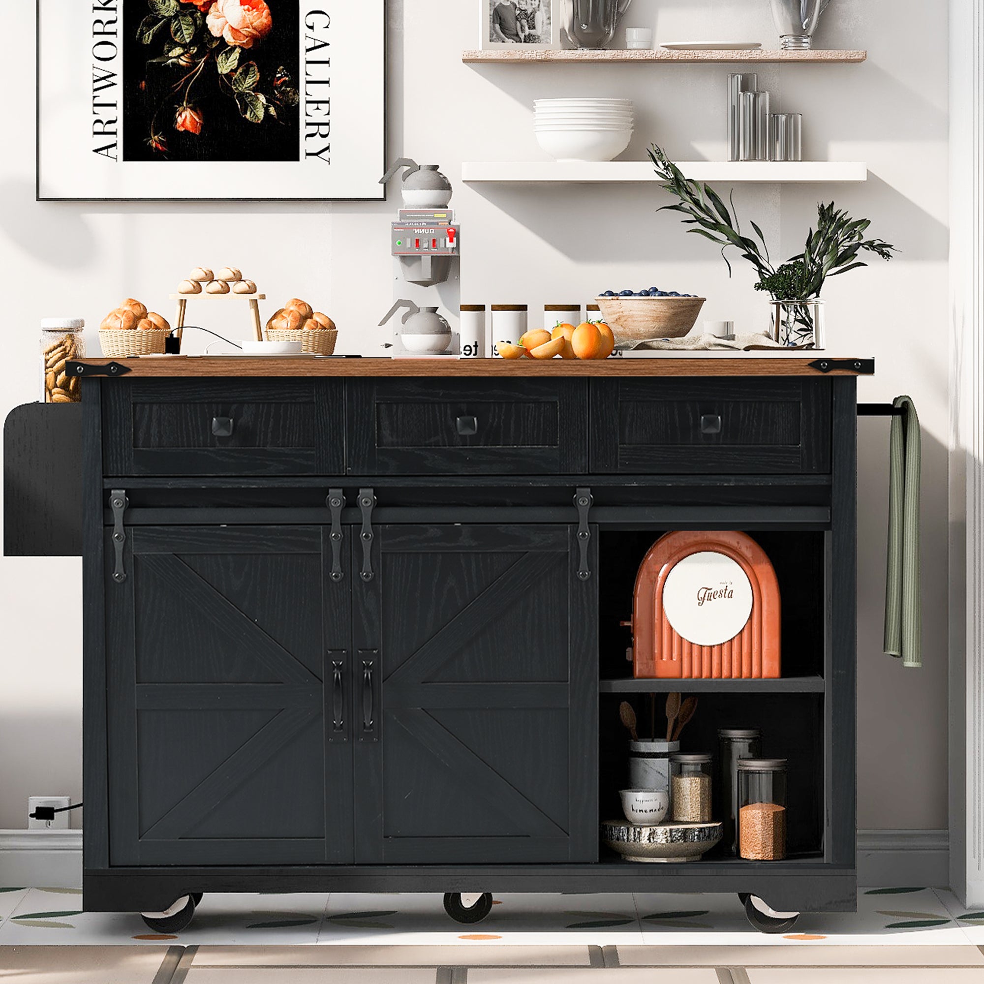 K&K 53.7' Farmhouse Kitchen Island with Power Outlet, 2 Sliding Barn Door Kitchen Storage Island with Drop Leaf, Spice Rack Rolling Kitchen Cart on Wheels, for Home, Kitchen and Dining Room, Black - Grand Goldman Shop