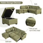 Green Velvet Sleeper Sofa Bed with Storage Ottoman, L Shape Pull Out Couch for Living Room and Bedroom - Grand Goldman Shop