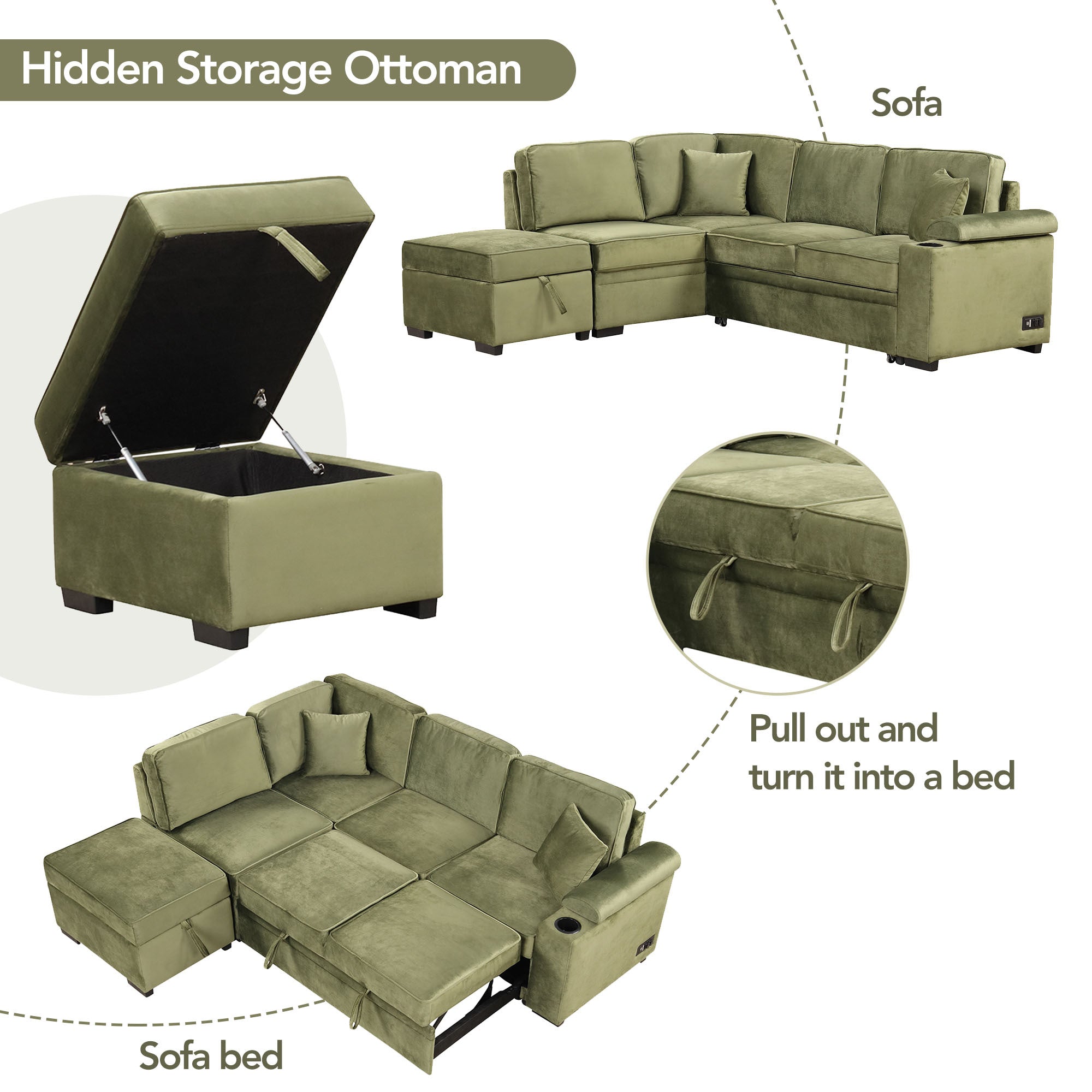 Green Velvet Sleeper Sofa Bed with Storage Ottoman, L Shape Pull Out Couch for Living Room and Bedroom - Grand Goldman Shop