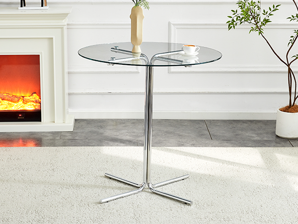 Round glass bar high table, 36 inch round bar table, tempered glass tabletop, sturdy silver chrome plated four column support, suitable for transparent round bar tables in small spaces, kitchens - Grand Goldman Shop