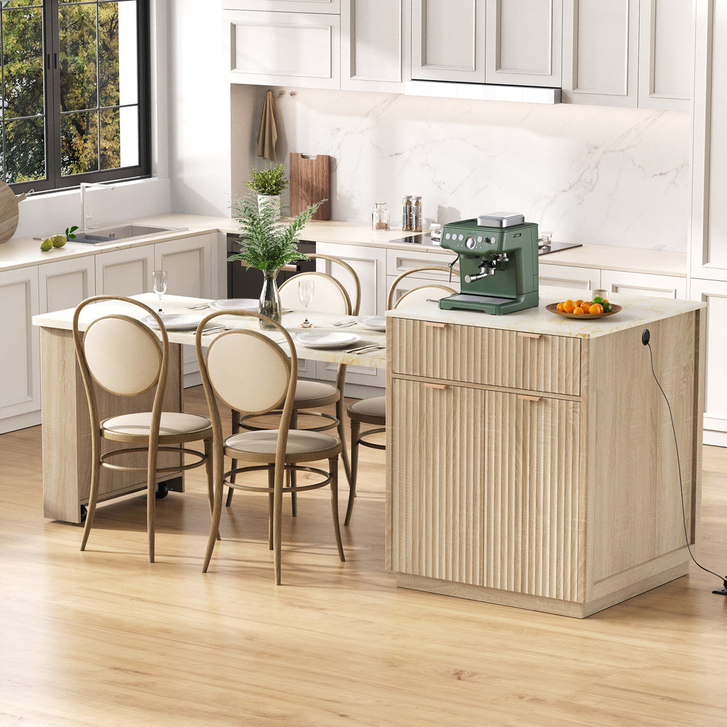 K&K 82.6' Fluted Kitchen Island with Extendable Dining Table for 4-6, Island Table for Kitchen with Power Outlet, Kitchen Table with Double-Side Storage, 2 Drawers 2 Side Open Shelves, Natural - Grand Goldman Shop