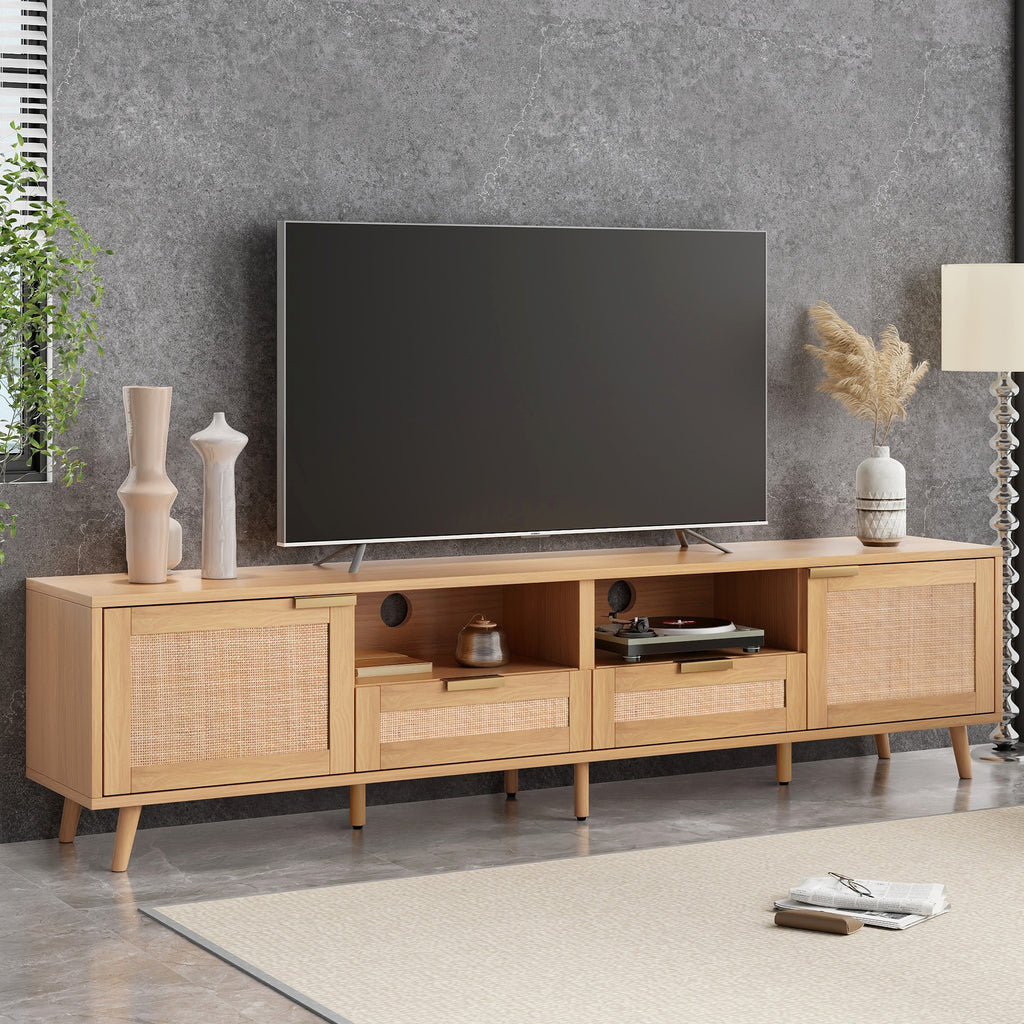 Modern Farmhouse Rattan TV Stand for TVs up to 85'', Solid Wood Legs, Media Console with MDF Board, Living Room Entertainment Center in Wood Finish - Grand Goldman Shop