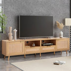 Modern Farmhouse Rattan TV Stand for TVs up to 85'', Solid Wood Legs, Media Console with MDF Board, Living Room Entertainment Center in Wood Finish - Grand Goldman Shop