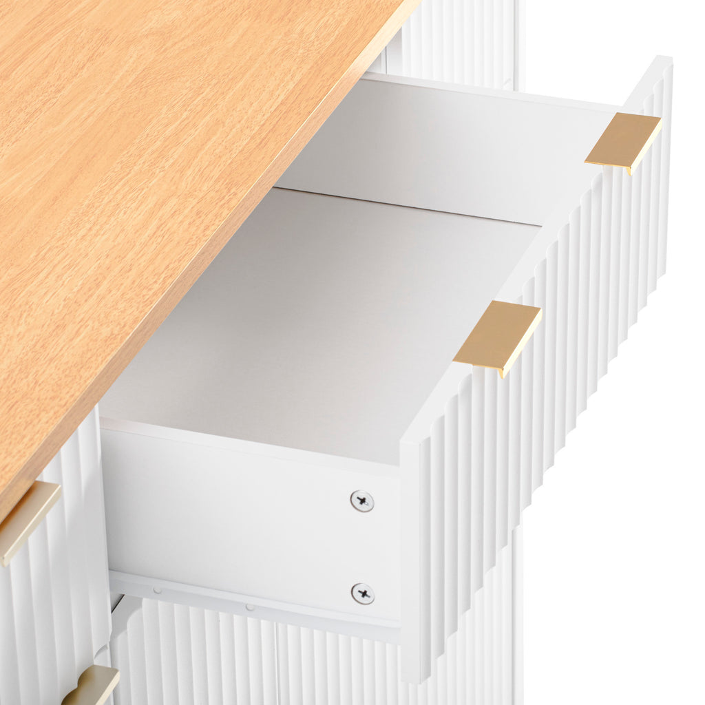 K&K Fluted Kitchen Island with Storage, 55.5' Kitchen Island with Drop Leaf, Power Outlet, 4 Doors and 3 Drawers, Rolling Island Table with Wood-grain Top, Curved Edge for Kitchen,Dining Room White - Grand Goldman Shop