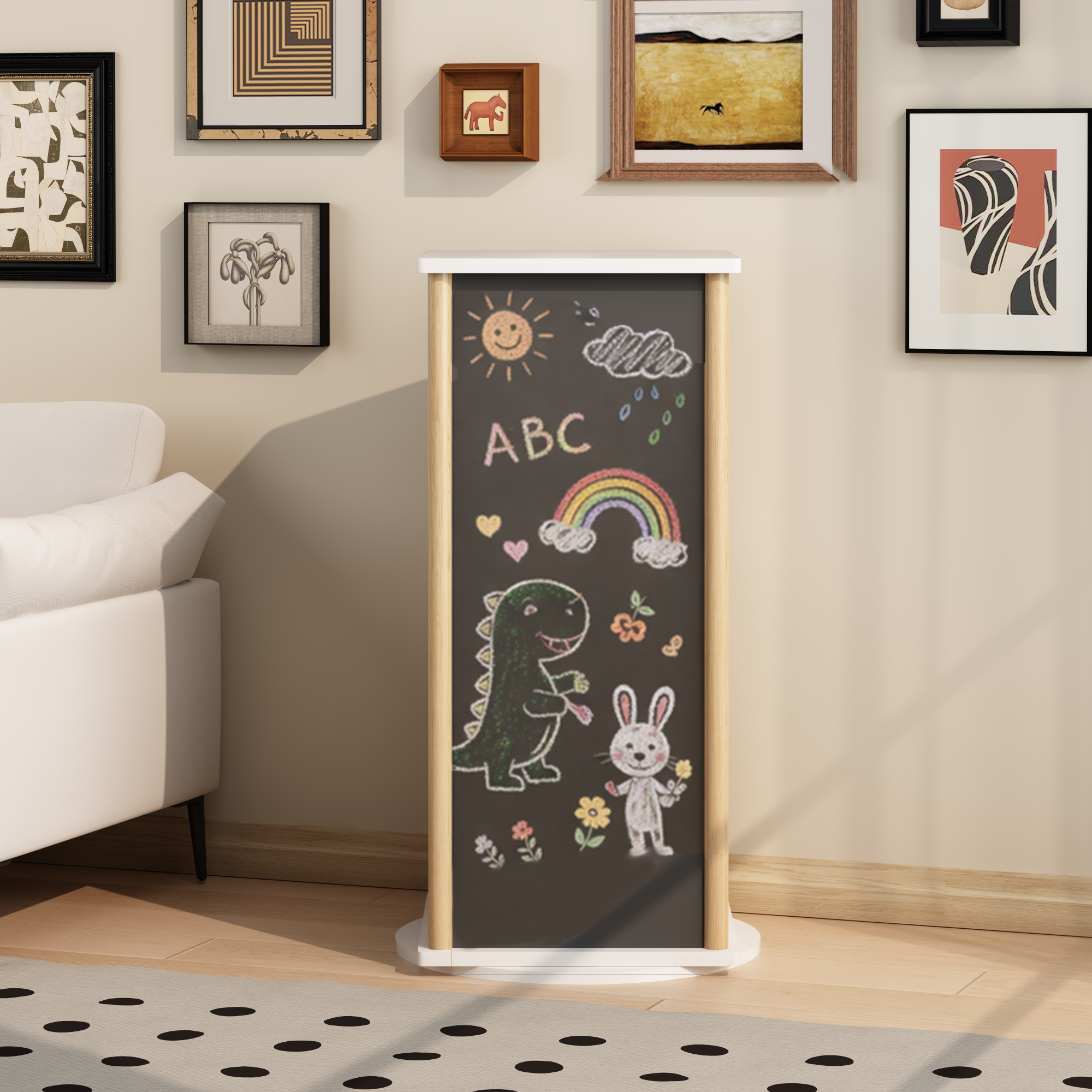 360° Rotating Kids Bookshelf with Chalkboard, 3-Tier Wood Floor Revolving Bookcase & Toy Storage Organizer, Picture Book Disp