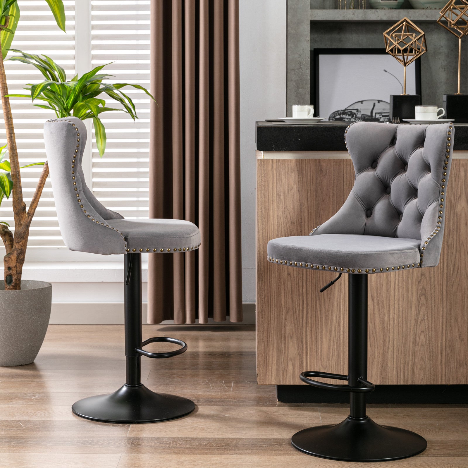A&A Furniture,Swivel Velvet Barstools Adjusatble Seat Height from 25-33 Inch,17.7 inch base, Modern Upholstered Bar Stools with Backs Comfortable Tufted for Home Pub and Kitchen Island,Gray,Set of 2 - Grand Goldman Shop