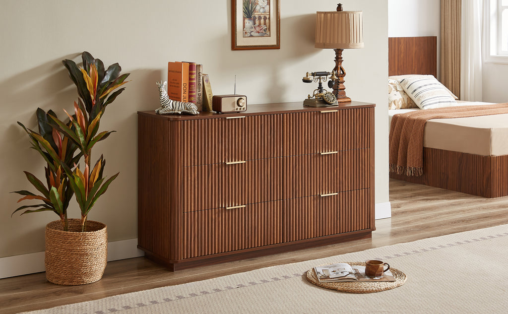 6 Drawers Dresser,55' Wide Modern Chest of Drawers Curved wave Design, Dresser TV Stand, Wood Drawer Organizer for Bedroom, Living Room, Hallway, Walnut,55.12''W x 15.75''D x 31.5''H. - Grand Goldman Shop