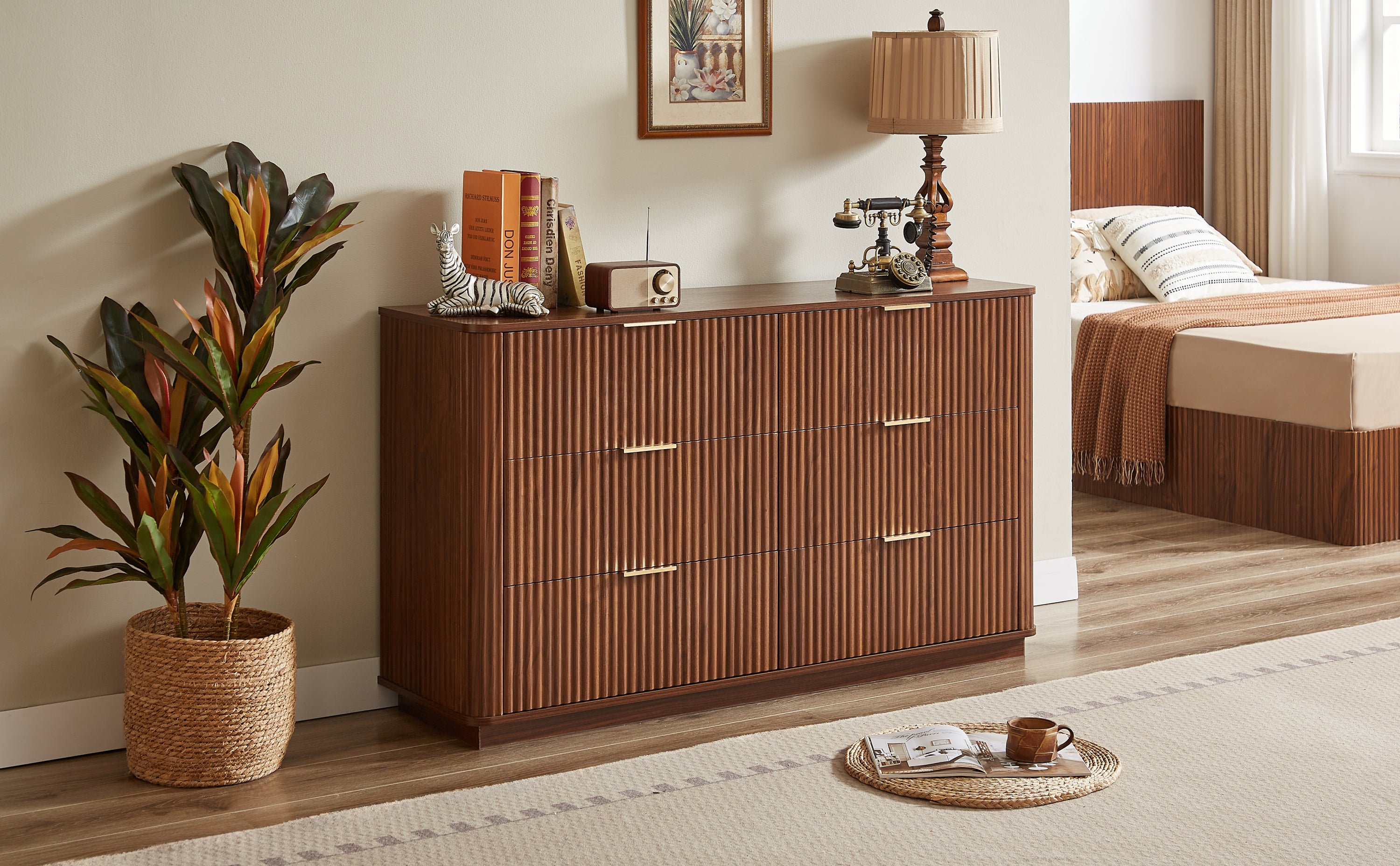 6 Drawers Dresser,55' Wide Modern Chest of Drawers Curved wave Design, Dresser TV Stand, Wood Drawer Organizer for Bedroom, Living Room, Hallway, Walnut,55.12''W x 15.75''D x 31.5''H. - Grand Goldman Shop