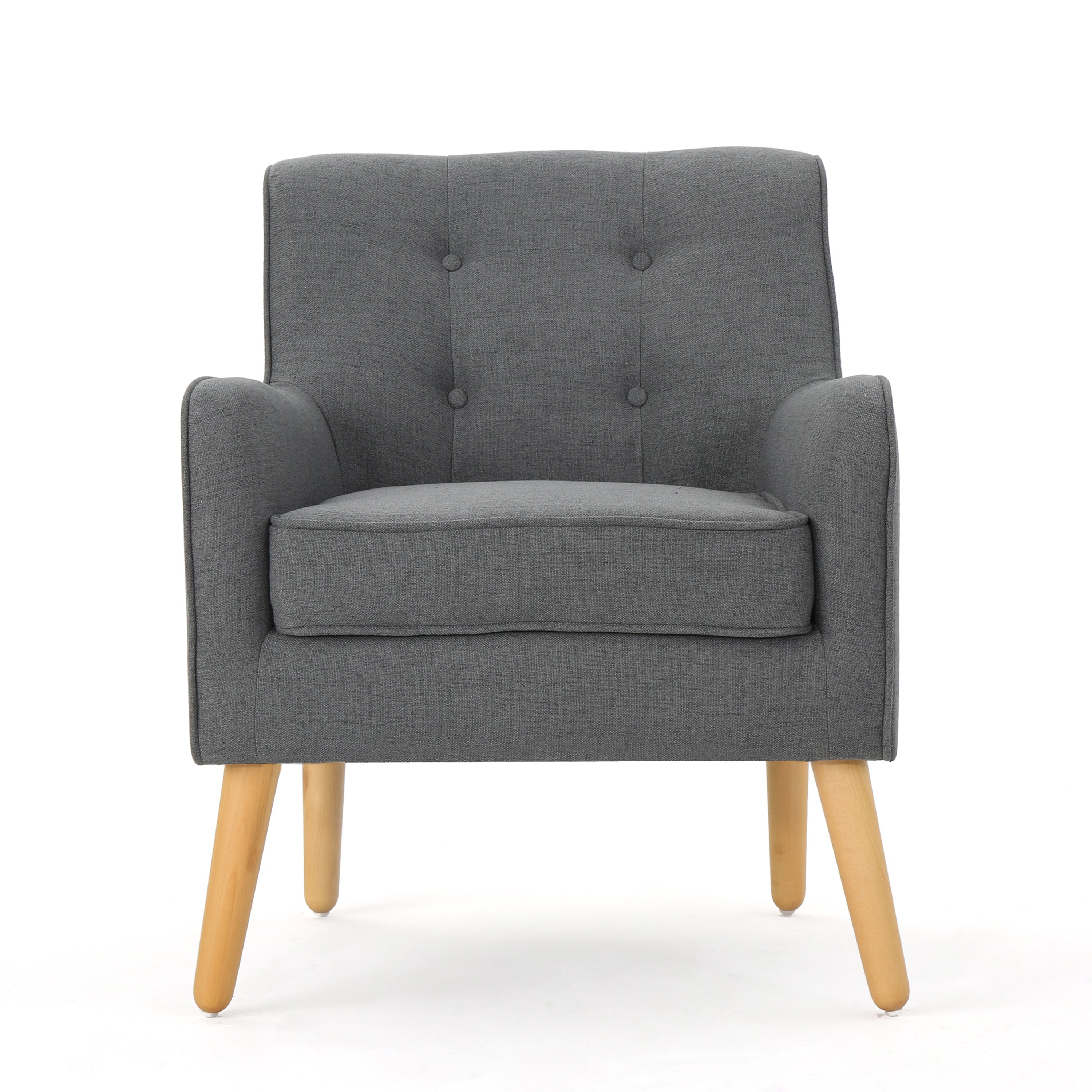 Mid-Century Modern Arm Chair in Charcoal Fabric with Tufted Back and Wooden Legs - Grand Goldman Shop