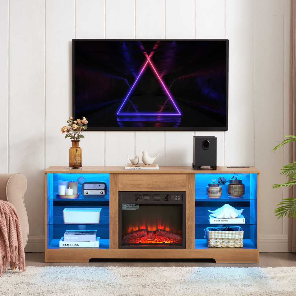 TV Stand Electric Fireplace  Glass Shelves, 3D Fireplace TV Stand with LED Lights Wood with USB Charging Outlet Modern Television Table Center for TV up to 62' OAK 58''W*15.4''D*24.6 - Grand Goldman Shop