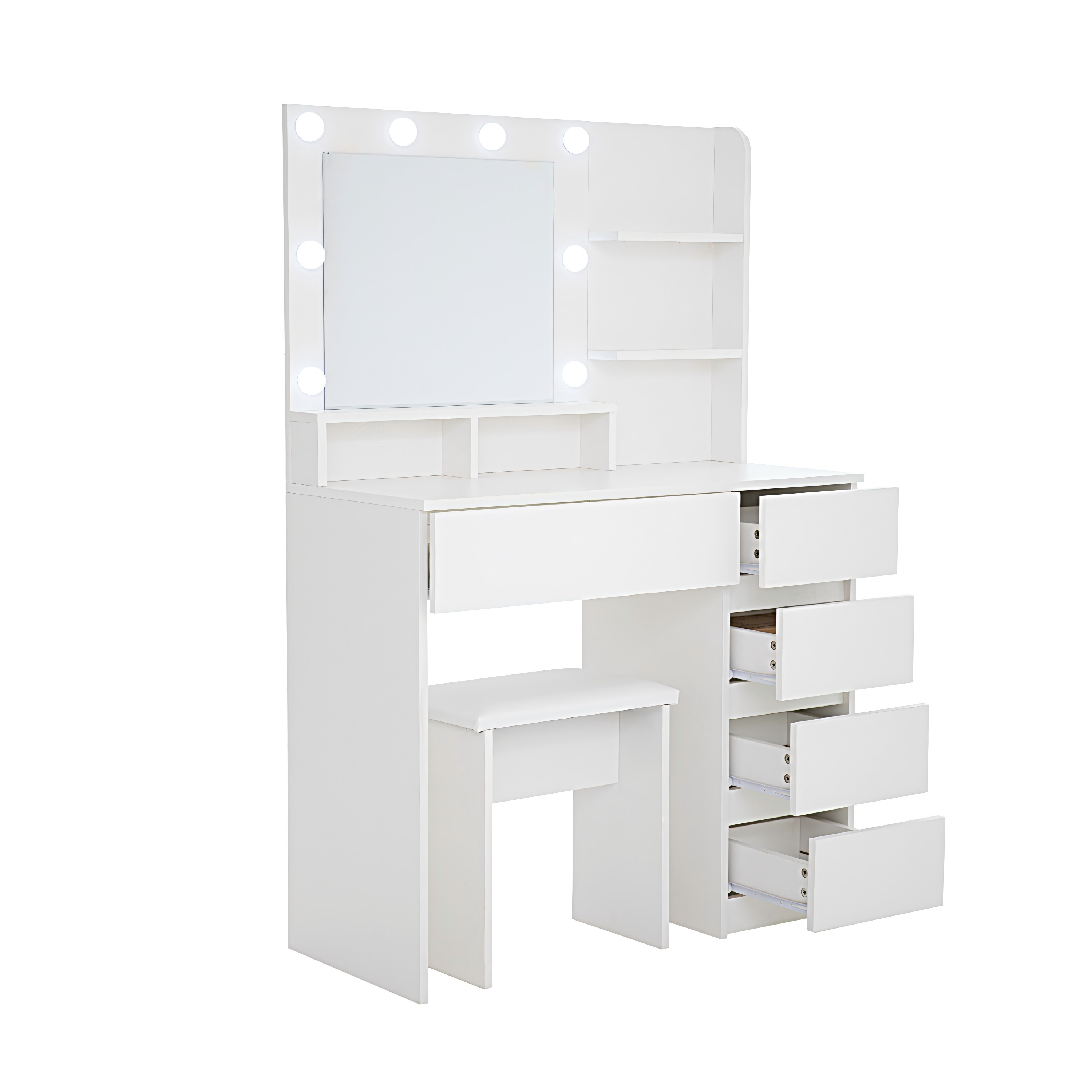 Vanity, Makeup Vanity Desk Set with Mirror & Light, Dressing Table Storage Lots , 3 Lighting Modes with Adjustable Brightness, White with Stool - Grand Goldman Shop