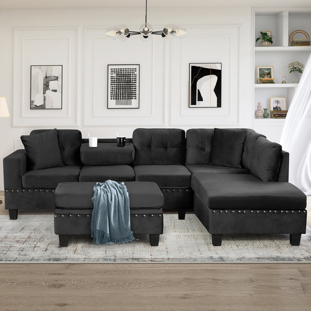 Modern Sectional Sofa with Storage Ottoman, L-Shape Couch with 2 Pillows and Cup Holders, Black Velvet, 105' - Grand Goldman Shop