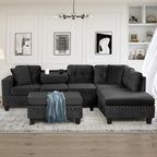 Modern Sectional Sofa with Storage Ottoman, L-Shape Couch with 2 Pillows and Cup Holders, Black Velvet, 105' - Grand Goldman Shop