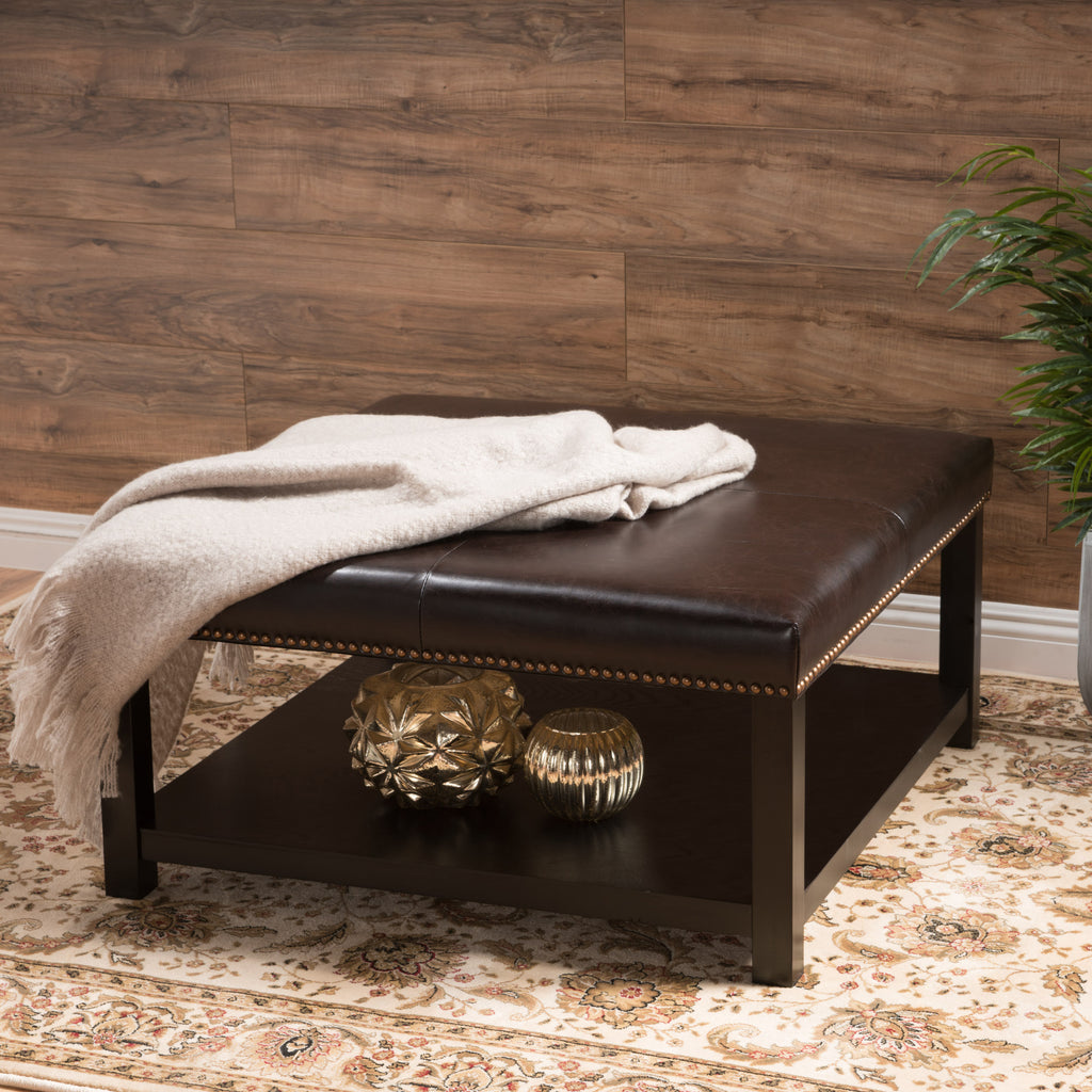 Large Square Ottoman Bench, faux leather Coffee Table Ottoman with rack & Solid Wood Legs, Oversized Ottoman for Living Room - Grand Goldman Shop