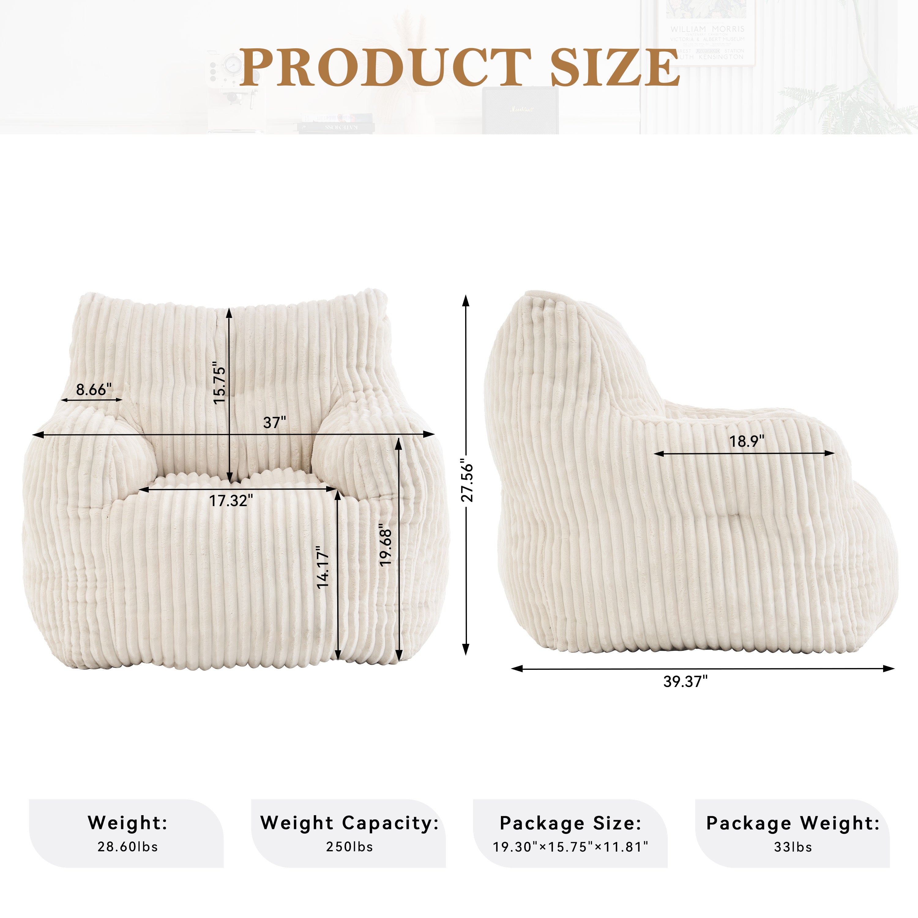 010-Soft Fluffy Corduroy Fabric Bean Bag Chair Filled With Memory Sponge,Beige - Grand Goldman Shop