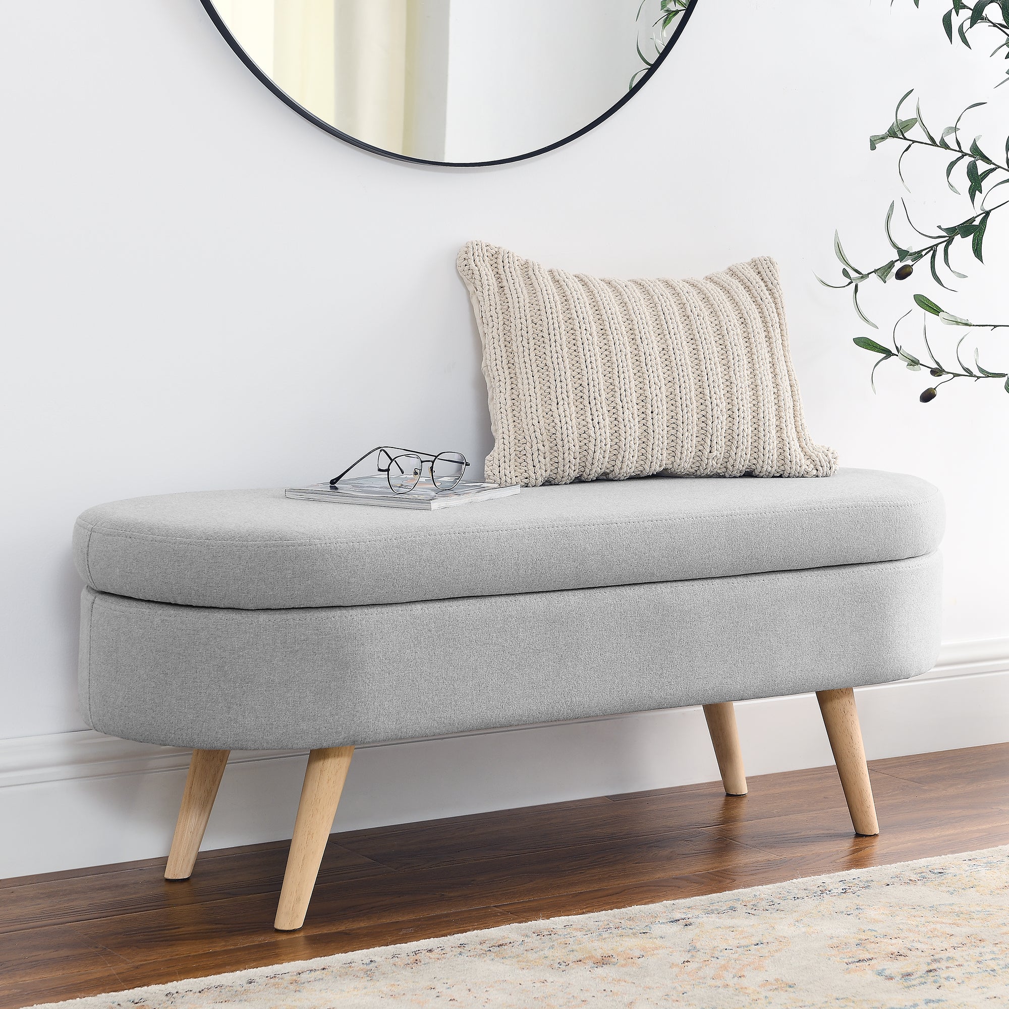 Ottoman Oval Storage Bench with Rubber Wood Legs, Grey Linen, 43.5'x16'x16' - Grand Goldman Shop