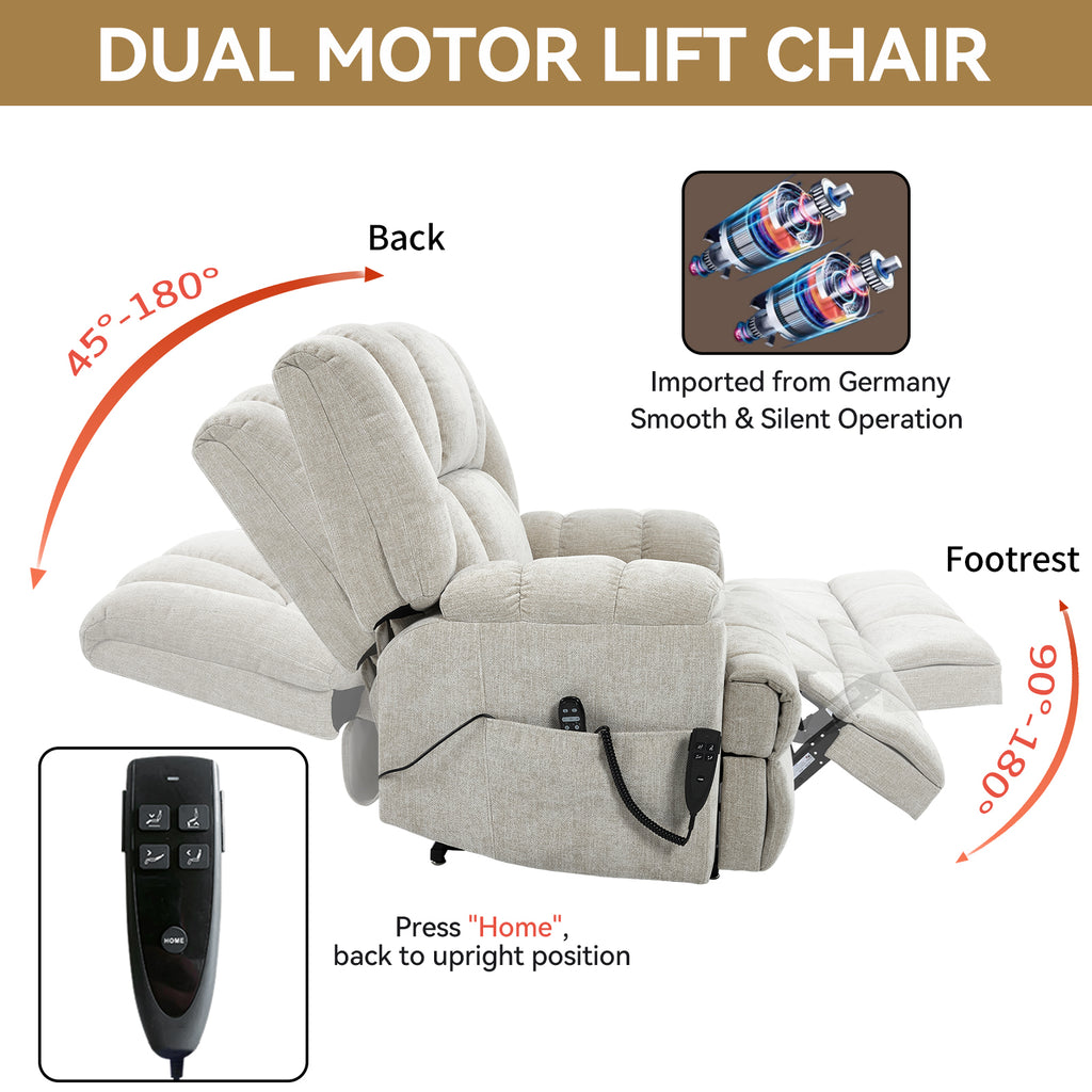 Dual Motor Heat Massage Infinite Position Up to 350 LBS Electric Power Lift Recliners with Power-Remote, Medium-firm and Heavy Duty, Beige - Grand Goldman Shop
