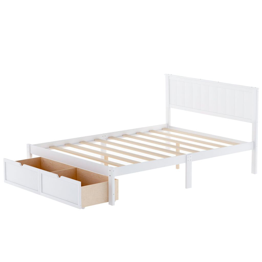 White Full Size Platform Bed with Under-bed Drawers, Solid Pine Wood and MDF, 78.3''L x 58.5''W x 36.2''H - Grand Goldman Shop