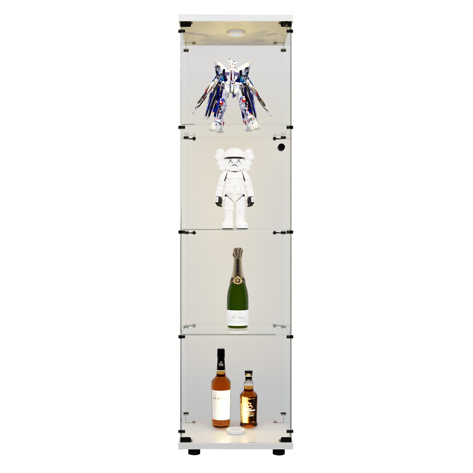 LED lights Glass Display Cabinet 4 Shelves with Door, Floor Standing Curio Bookshelf for Living Room Bedroom Office, 64.7'*16