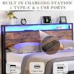 Full Size Bed Frame with Storage Headboard and 2 Drawers, LED Lights Bed with Charging Station, Metal Platform Bed No Noise, Mattress Foundation Strong Metal Slats Support No Box Spring Needed - Grand Goldman Shop