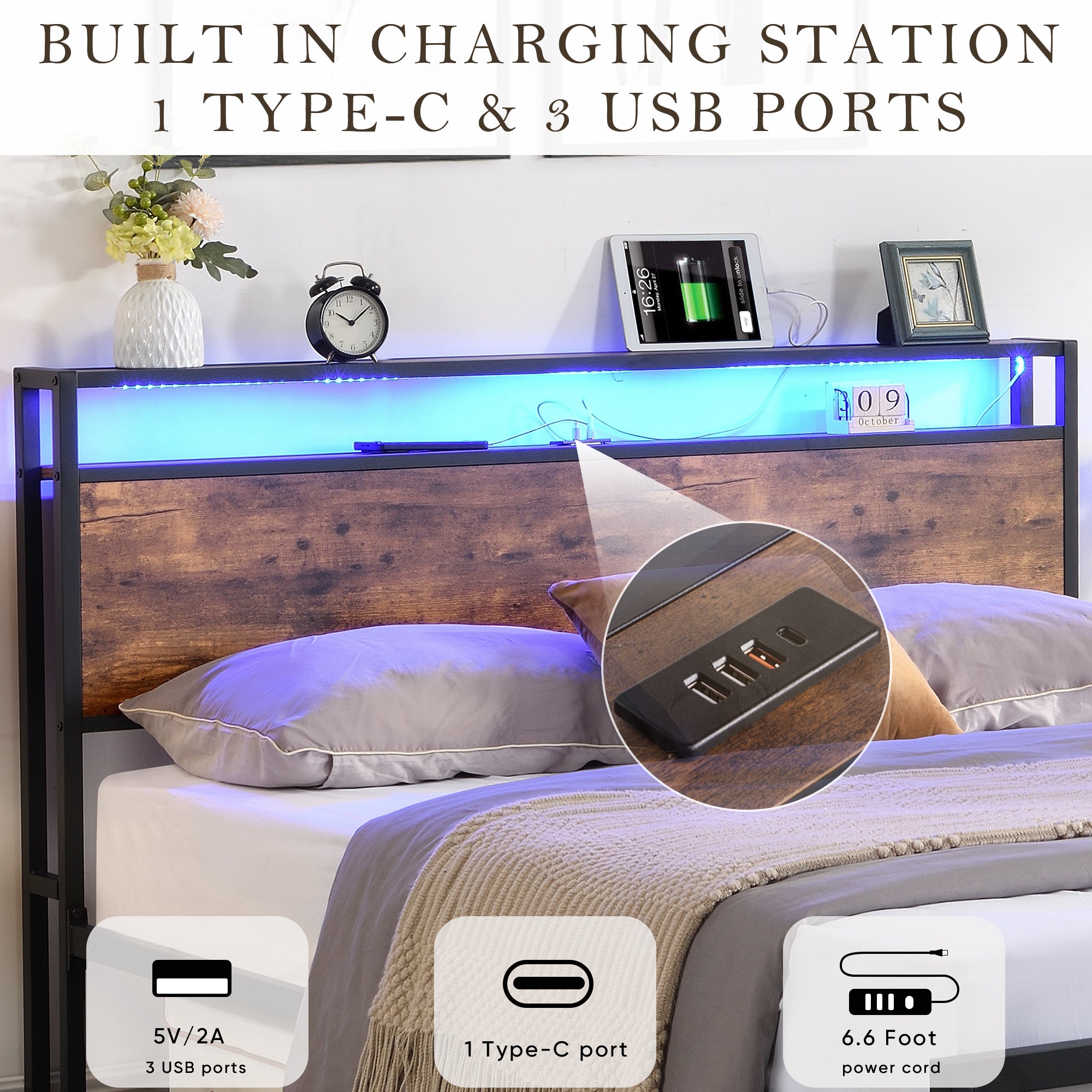 Full Size Bed Frame with Storage Headboard and 2 Drawers, LED Lights Bed with Charging Station, Metal Platform Bed No Noise, Mattress Foundation Strong Metal Slats Support No Box Spring Needed - Grand Goldman Shop
