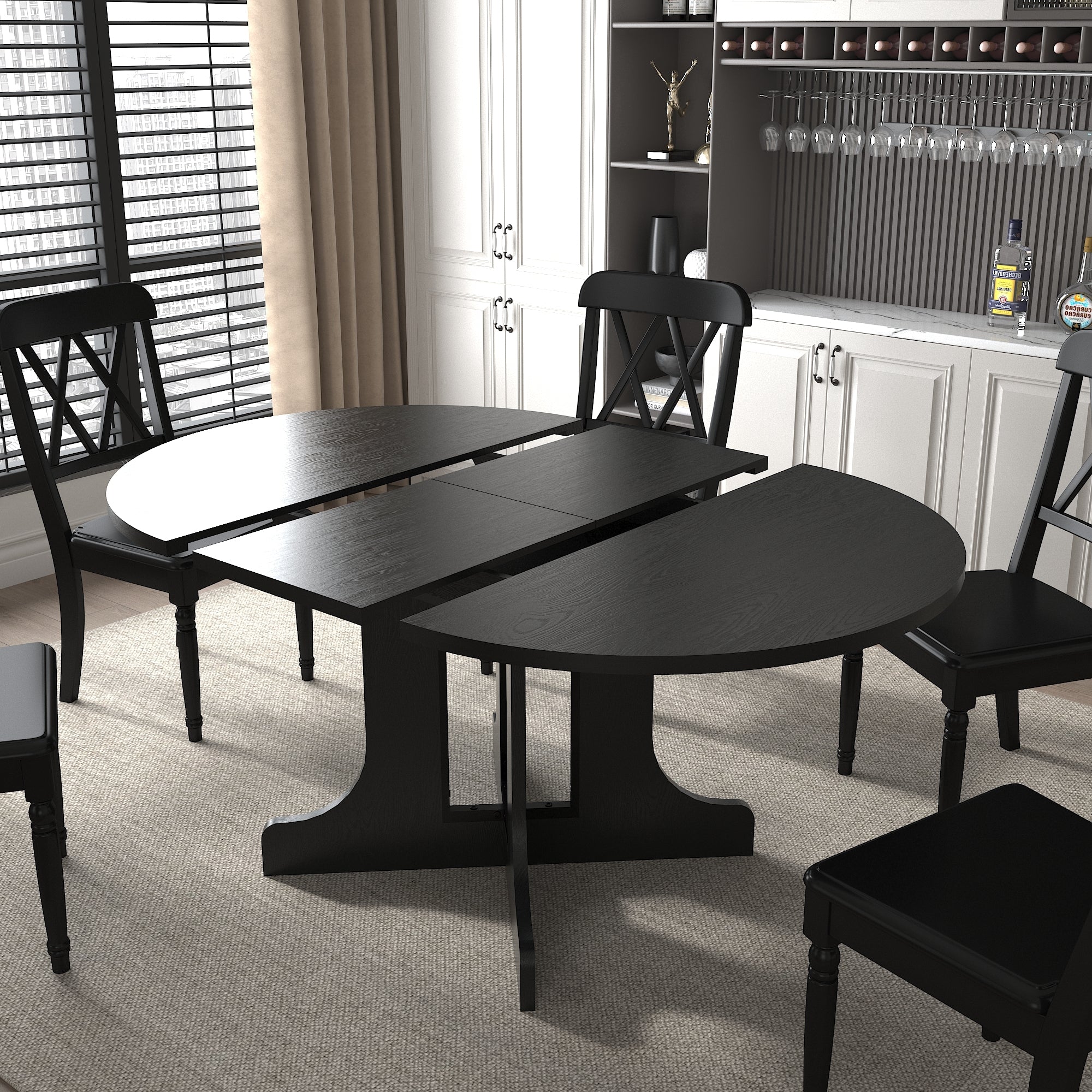 Farmhouse Kitchen Dining Table 59x43 Inch Expandable Oval Top with Removable Leaf Black MDF - Grand Goldman Shop