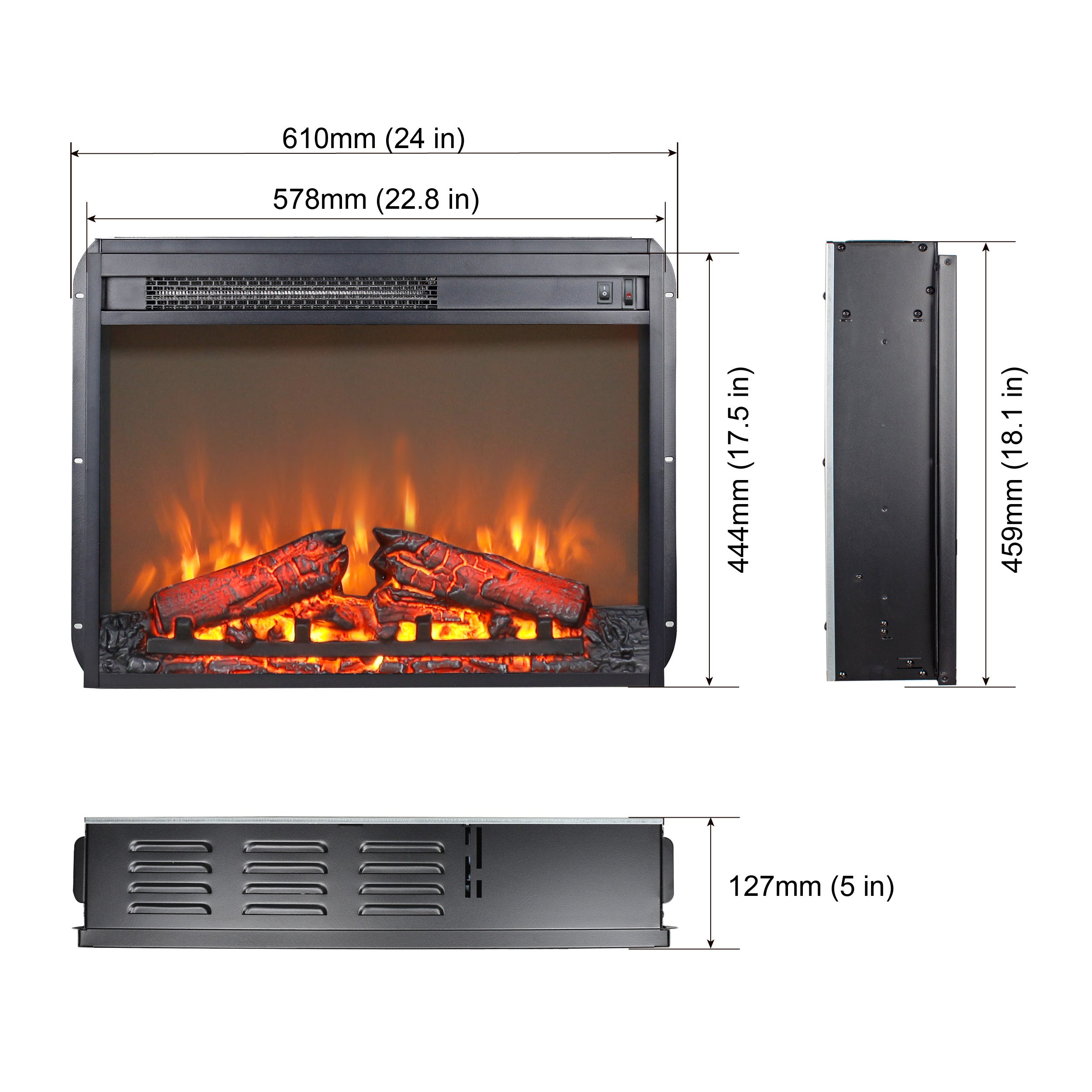 23 inch electric fireplace insert heater with log set & realistic flame, overheating protection without control - Grand Goldman Shop
