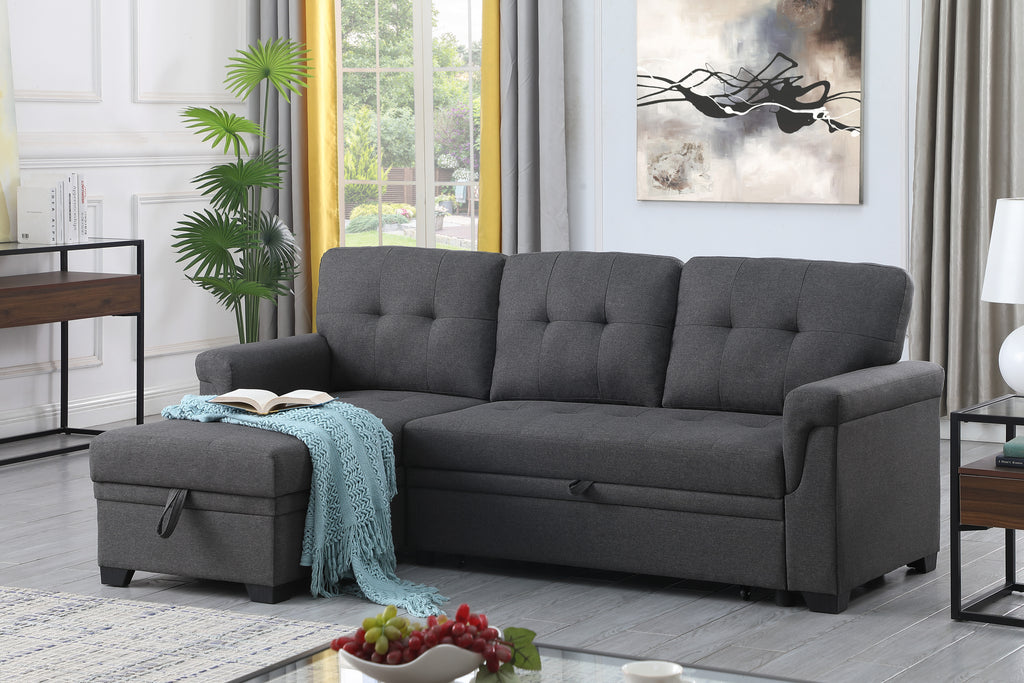 Lucca 84' Dark Gray Linen Reversible Sleeper Sectional Sofa with Storage Chaise - Grand Goldman Shop