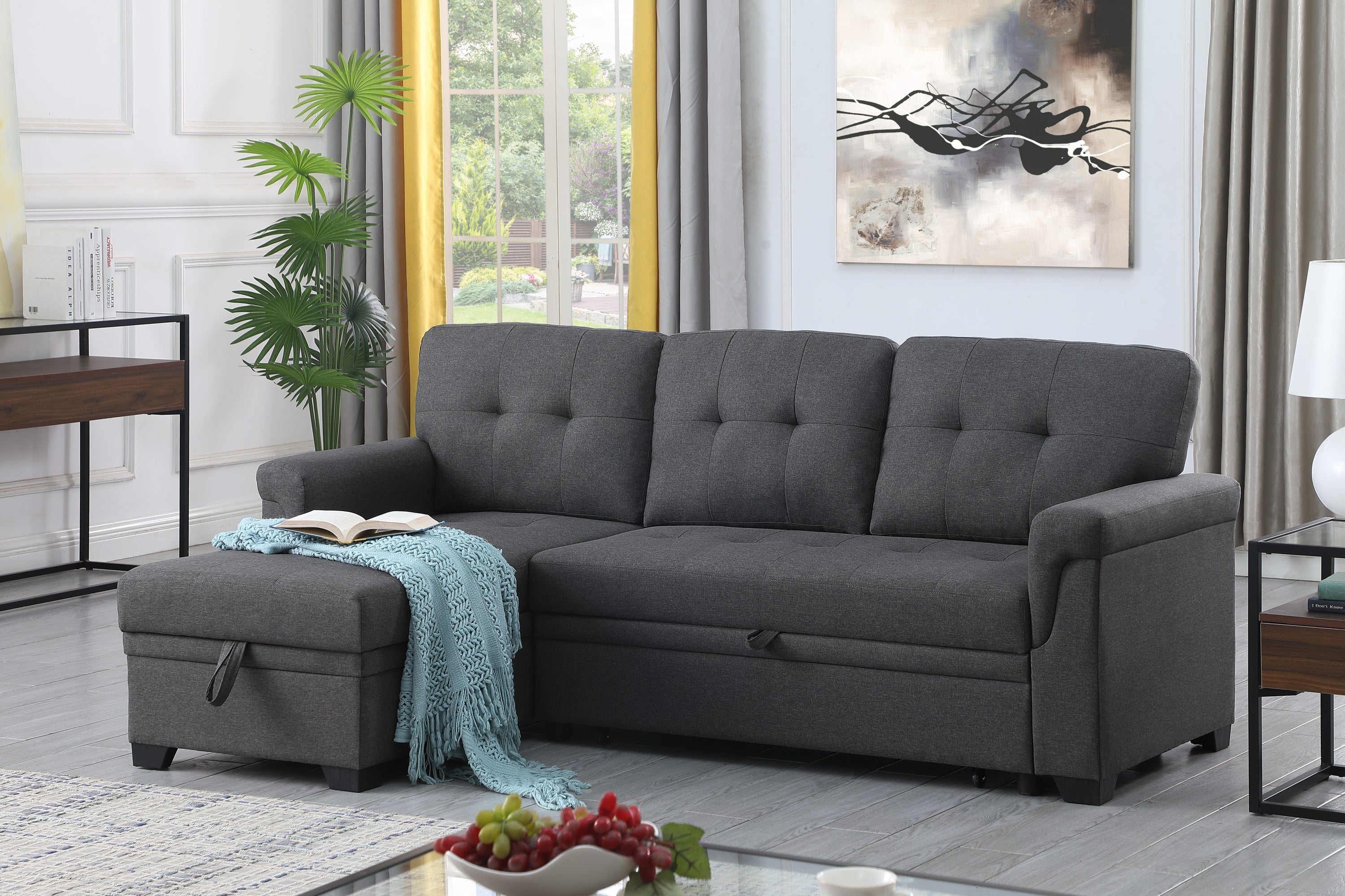 Lucca 84' Dark Gray Linen Reversible Sleeper Sectional Sofa with Storage Chaise - Grand Goldman Shop