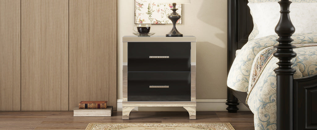 Elegant High Gloss Nightstand with Metal Handle,Mirrored Bedside Table with 2 Drawers for Bedroom,Living Room,Black - Grand Goldman Shop