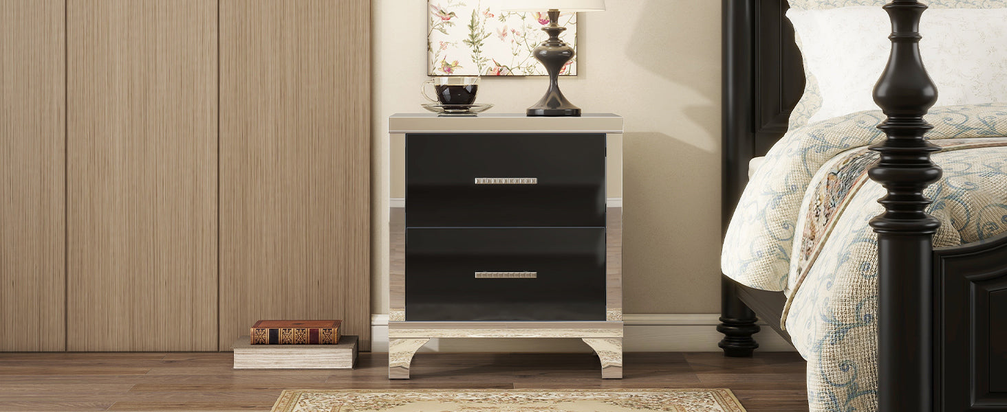 Elegant High Gloss Nightstand with Metal Handle,Mirrored Bedside Table with 2 Drawers for Bedroom,Living Room,Black - Grand Goldman Shop