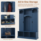 ON-TREND Modern All-in-One Hall Tree with Adjustable Shelves, Classic Arched Farmhouse Storage Bench with Dual Side Cabinets, Elegant Entryway Organizer with 7 Hooks for Mudroom, Hallway, Blue - Grand Goldman Shop